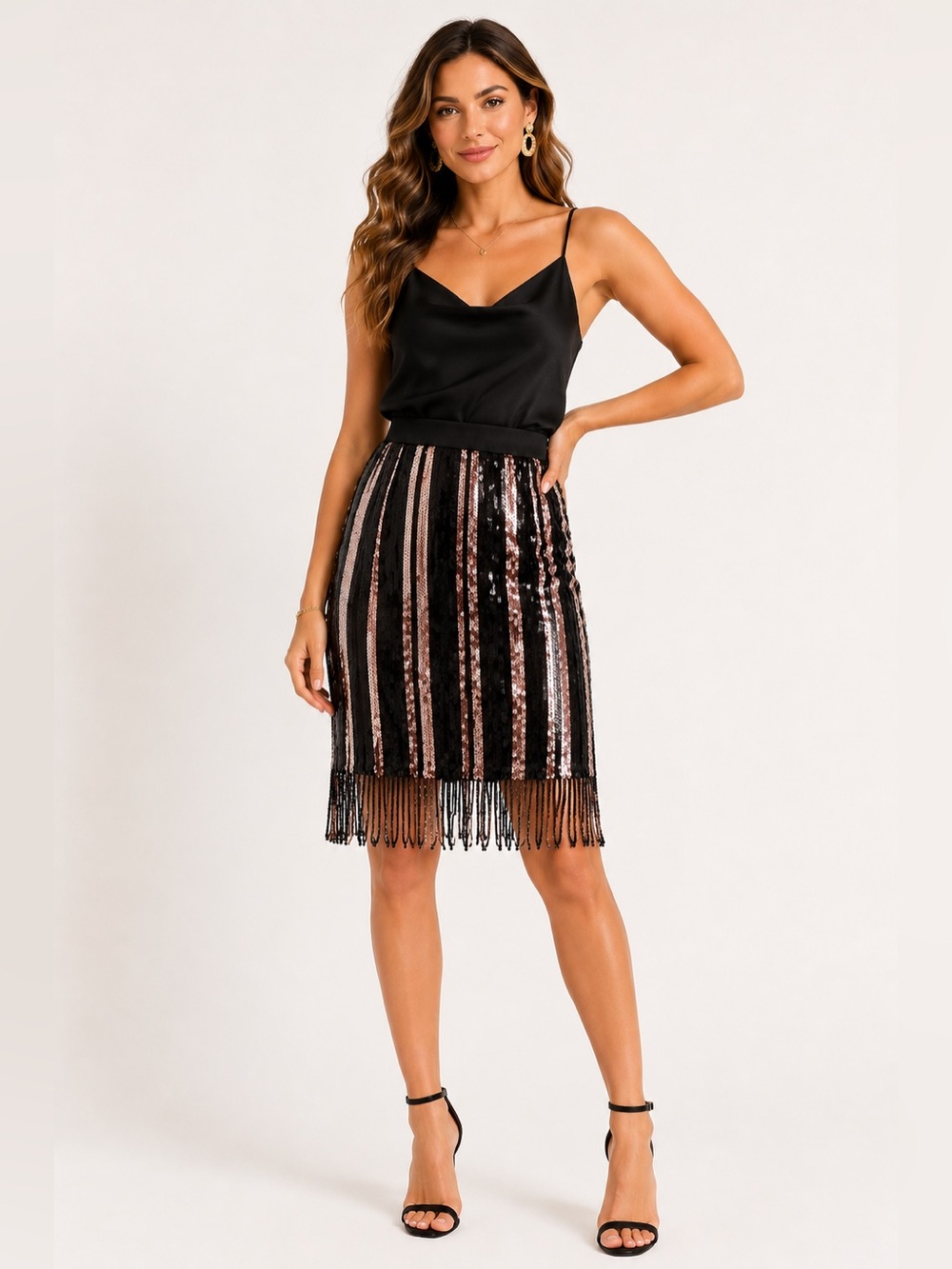 Grey Collective Sequin Fringe Midi Skirt Size M Black Bronze Holiday Glam